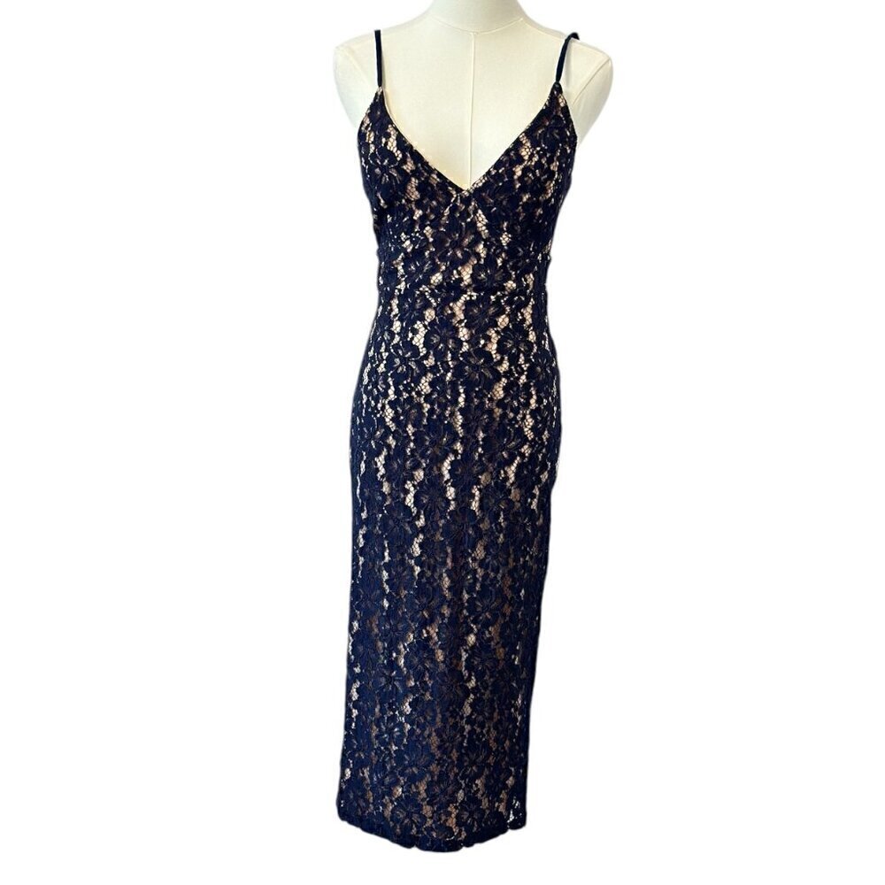 Akira Navy Blue and Nude Midi Women's Floral Lace Slip Dress Small